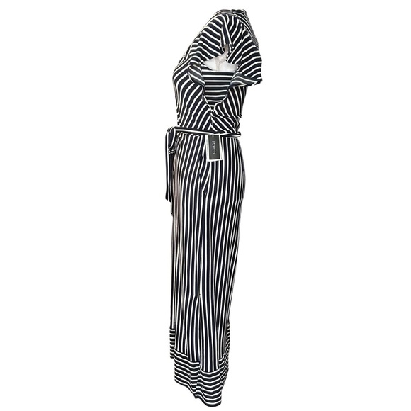 NWT ECI New York Zip Front Belted Wide Cropped Leg Striped Jumpsuit SZ S Navy - Picture 4 of 9